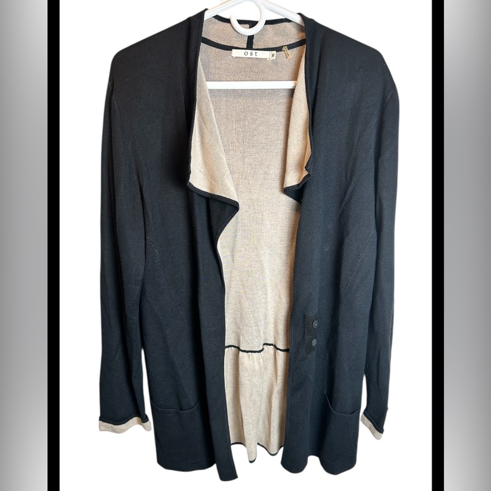 OST Black Tan Long Cardigan With Button And Peplum Back Size Medium
